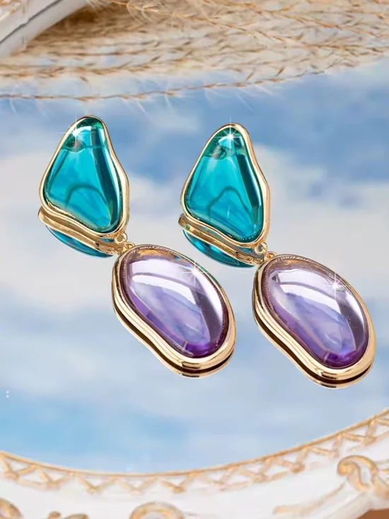 Gold-Tone Drop Earrings with Teal and Lavender Stones - Picture 3 of 5